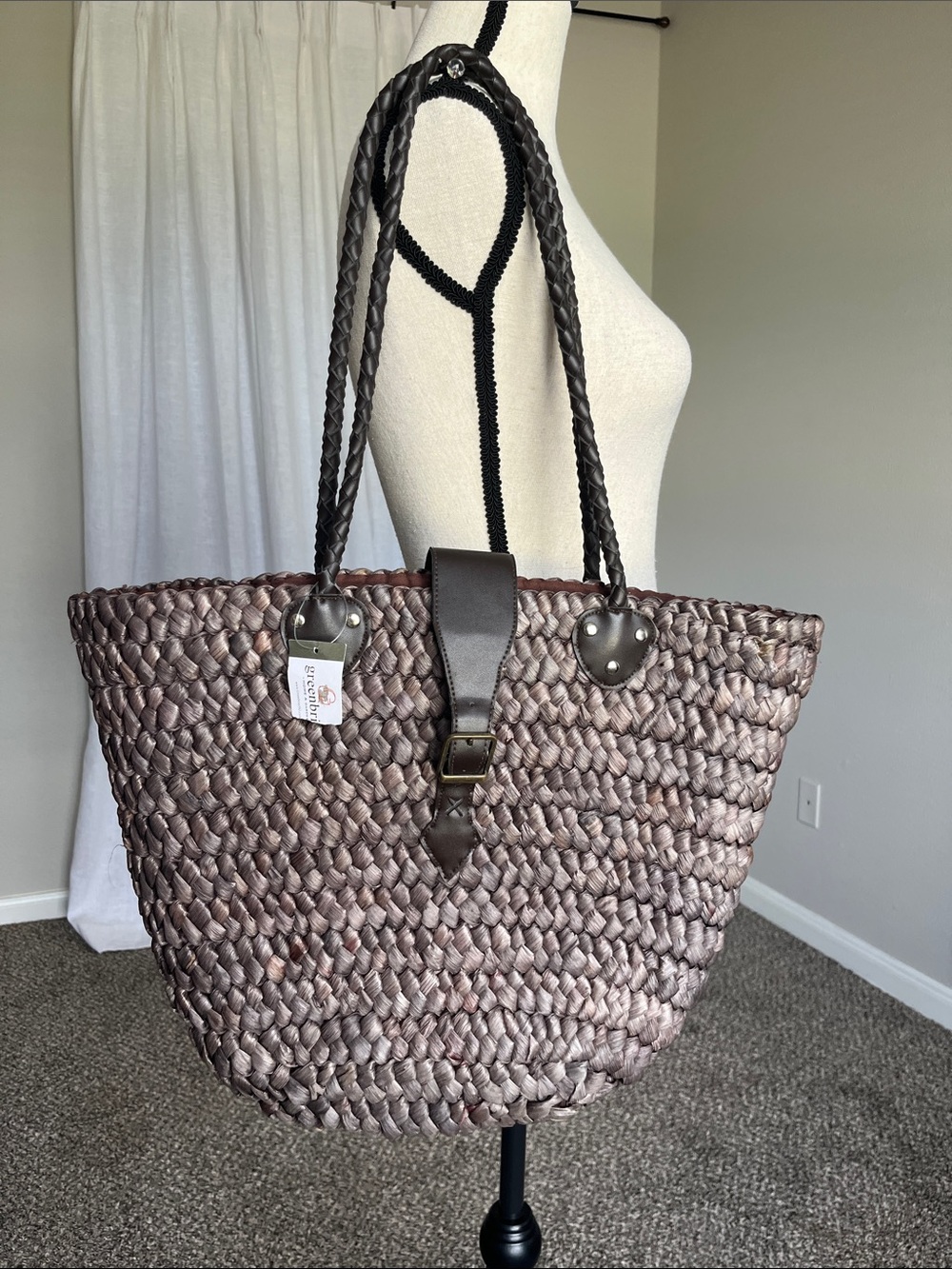 Chocolate Brown Woven Straw Tote Shoulder Bag Braided Faux Leather Coastal NWT